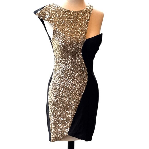 Jean Jail One Shoulder Black Gold Sequin Party Mini Dress - Picture 2 of 11